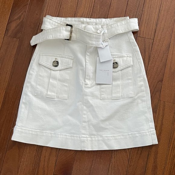 New Ted Baker Cream Eriike Utility Denim Mini Skirt with Front Pockets Size 2 - Picture 6 of 16